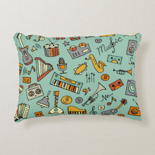 Music instruments, vintage sketch pattern. decorative cushion
