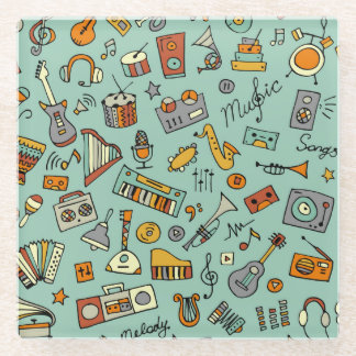 Music instruments, vintage sketch pattern. glass coaster