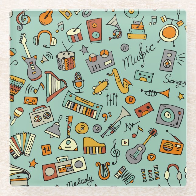 Music instruments, vintage sketch pattern. glass coaster (Front)