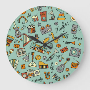Music instruments, vintage sketch pattern. large clock