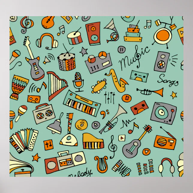 Music instruments, vintage sketch pattern. poster | Zazzle