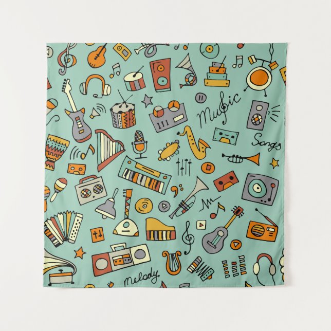 Music instruments, vintage sketch pattern. tapestry (Front)