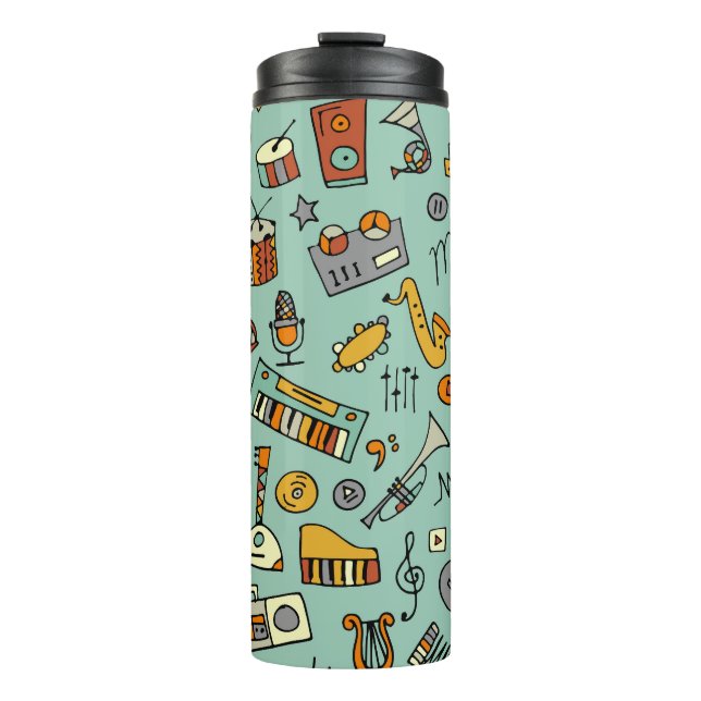 Music instruments, vintage sketch pattern. thermal tumbler (Front)