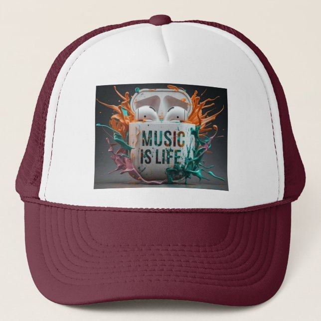 Music is Life - Colourful Air Pods Trucker Hat (Front)