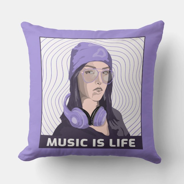 Music Is Life Lavender Throw Pillow (Front)