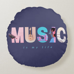 Music Is My Life Retro Y2K Tech Gamer Purple Round Cushion