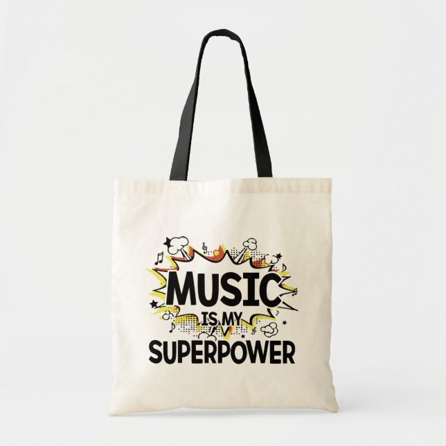 Music Is My Superpower Red and Yellow Tote Bag (Front)