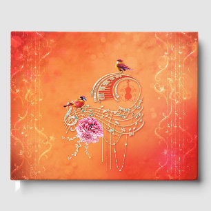 Music key notes and clef with birds guest book