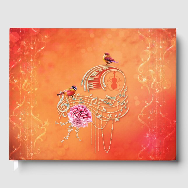 Music key notes and clef with birds guest book (Front)
