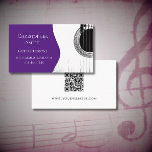 Music Lessons Guitar QR Code Purple  Business Card