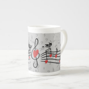 Music Love Birds on Grey Musical Notes Bone China Mug