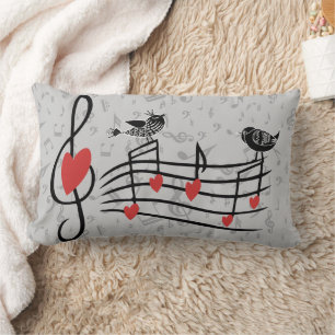 Music Love Birds on Grey Musical Notes Lumbar Cushion