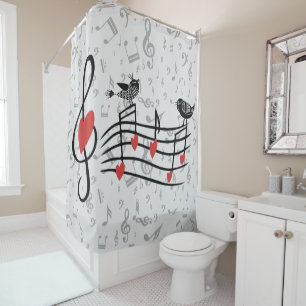 Music Love Birds on Grey Musical Notes Shower Curtain