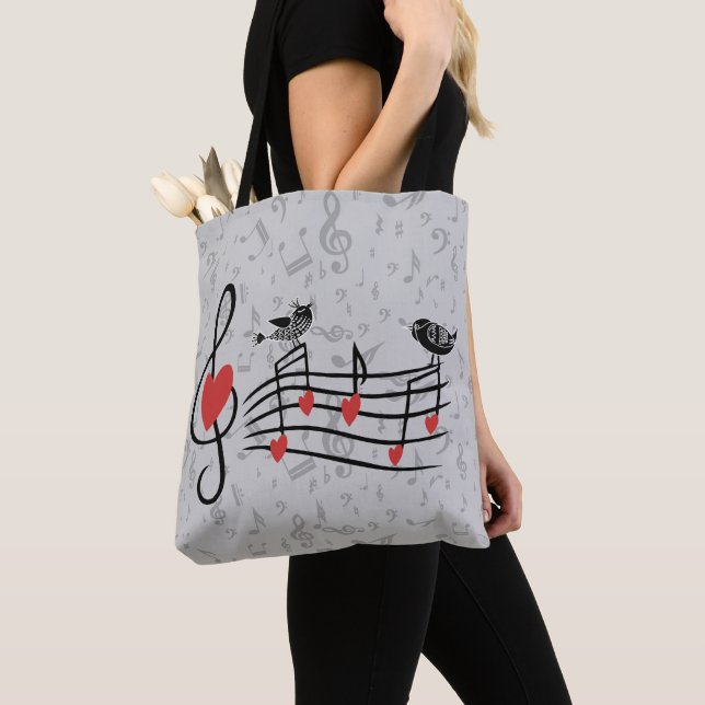 Music Love Birds on Grey Musical Notes Tote Bag (Close Up)