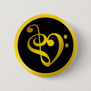 Music Love Heart Symbol Clef Notes in Gold Black 6 Cm Round Badge