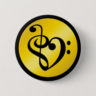 Music Love Heart Symbol Clef Notes in Gold Black 6 Cm Round Badge