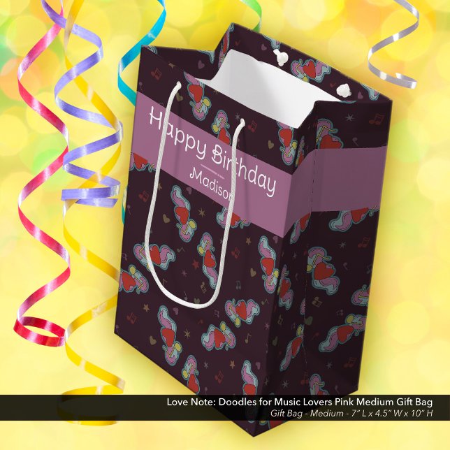 Music Lover Doodles Theme Birthday Party Pink Medium Gift Bag (Love Note: Doodles for Music Lovers Medium Gift Bag with Pink Accent Color and Customizable Name )