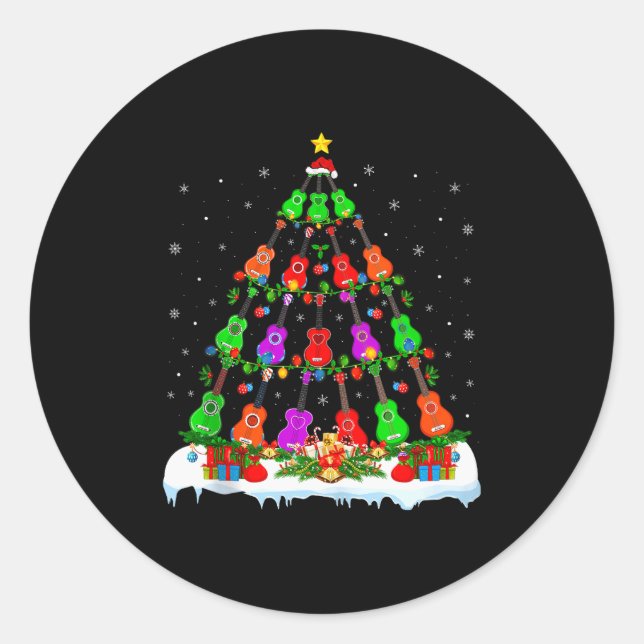 Music Lover Musical Ukulele Guitar Christmas Tree  Classic Round Sticker (Front)