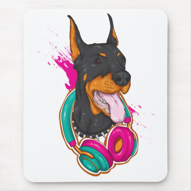 Music Lover Puppy Dog Cartoon Doberman Pincher   Mouse Mat (Front)