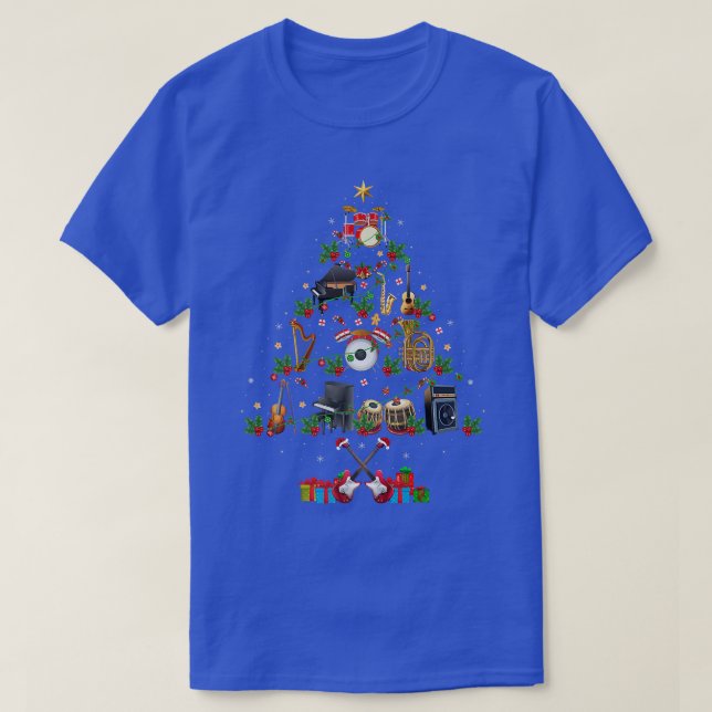Music Lover Xmas Lights Music Instruments Christma T-Shirt (Design Front)