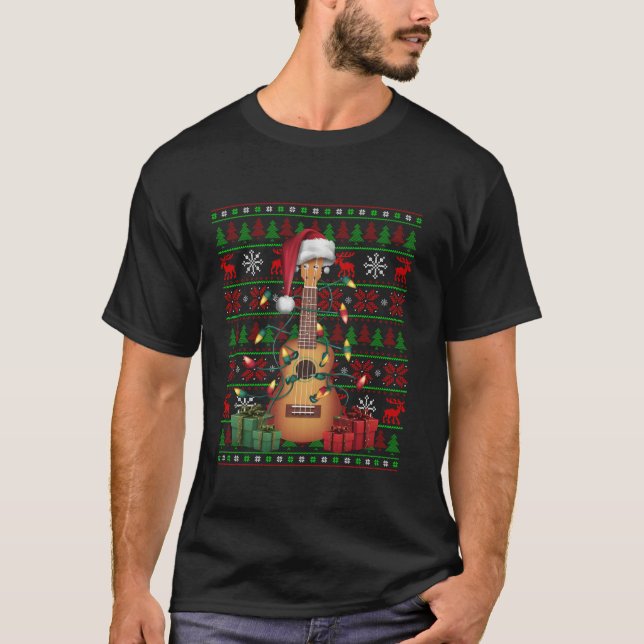 Music Lover Xmas Lights Ugly Musical Ukulele Chris T-Shirt (Front)