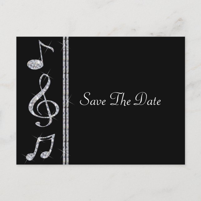 Music Lovers Diamond Shimmer On Black Wedding Announcement Postcard (Front)