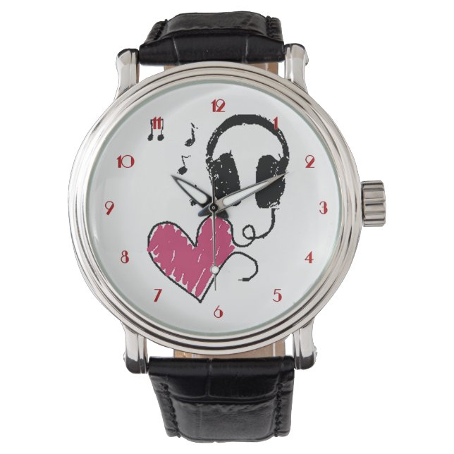 Music Lovers Heart Headphones Wrist Watch (Front)
