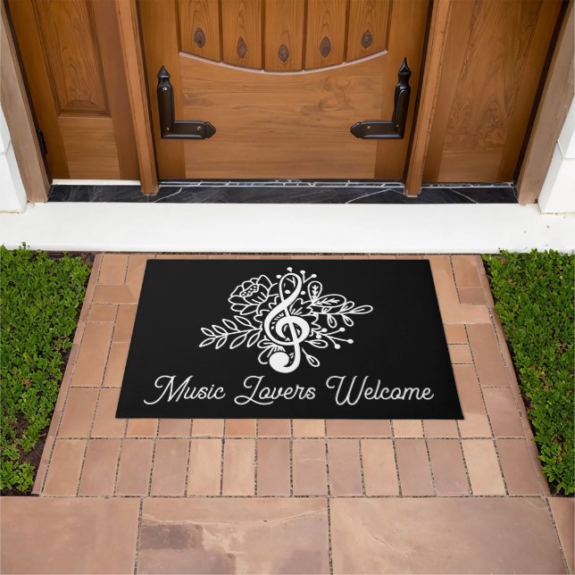 Music Lovers Welcome Black Floral Treble Clef  Doormat (Outdoor)