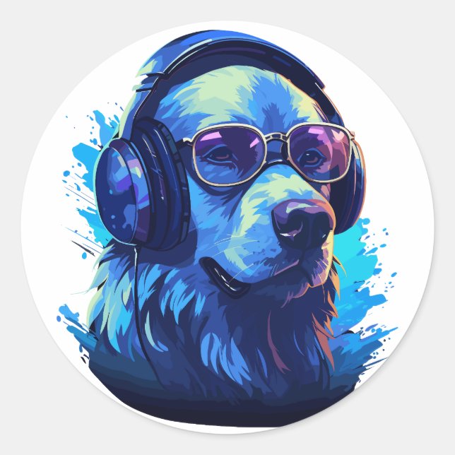 Music-Loving Dog with Headphones Classic Round Sticker (Front)