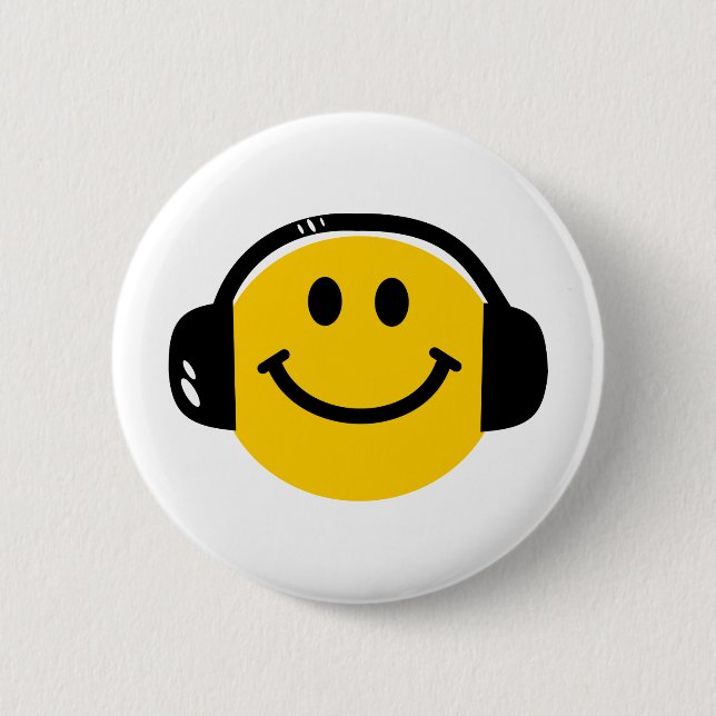 Music Loving Happy Face with Headphones 6 Cm Round Badge (Front)