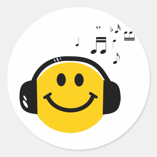 Music Loving Happy Face with Headphones Classic Round Sticker (Front)