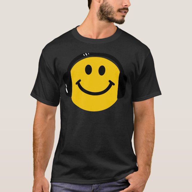 Music Loving Happy Face with Headphones T-Shirt (Front)