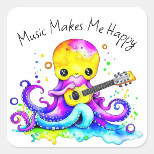 Music Makes Me Happy   Octopus Playing Guitar Square Sticker