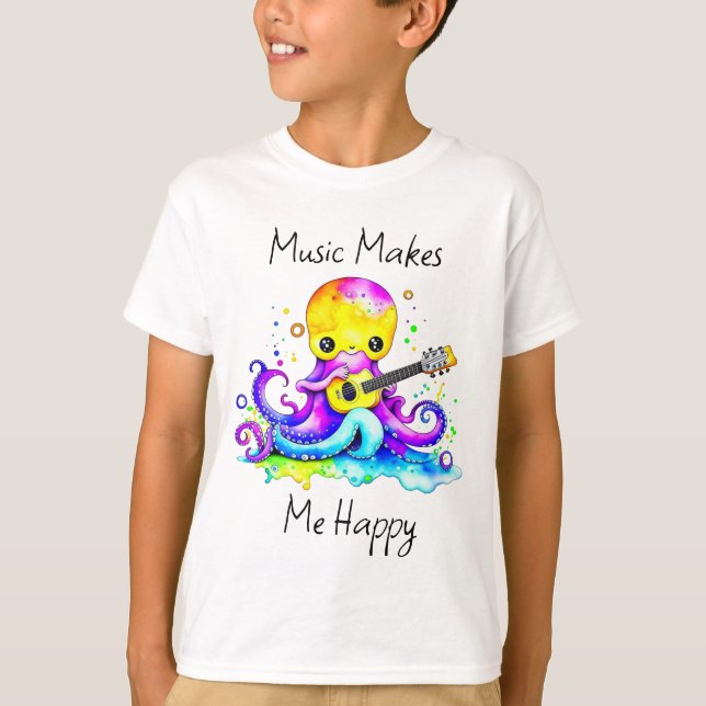 Music Makes Me Happy | Octopus Playing Guitar T-Shirt (Front)