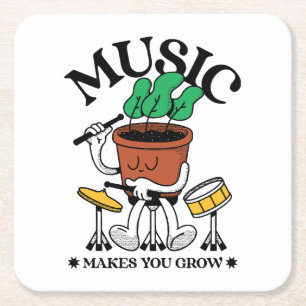 Music Makes You Grow Plant Drummer Square Paper Coaster