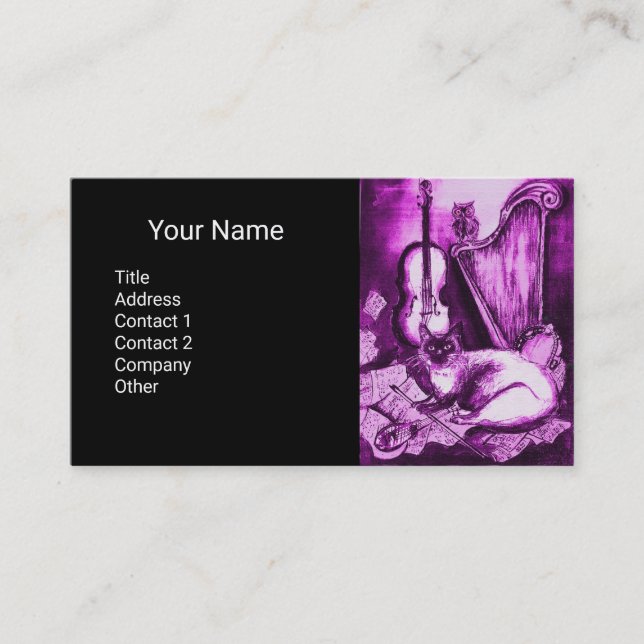 MUSIC MAKING CAT WITH OWL ,Purple White Business Card (Front)