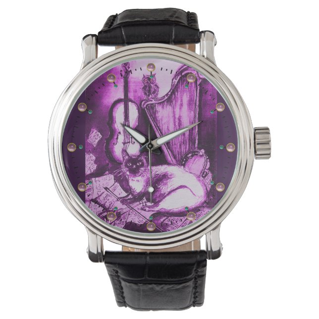 MUSIC MAKING CAT WITH OWL ,Purple White Watch (Front)
