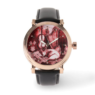 MUSIC MAKING CAT WITH OWL ,Red White Watch