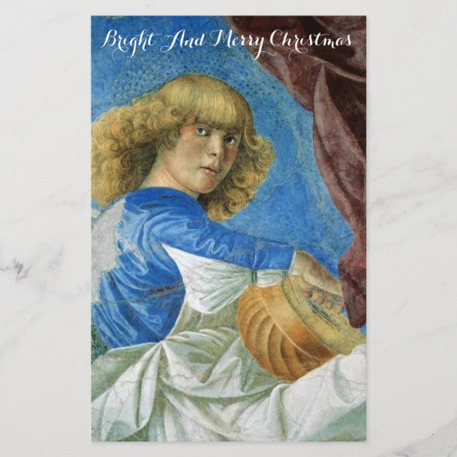 MUSIC MAKING CHRISTMAS ANGEL IN BLUE Lute Player Stationery (Front)