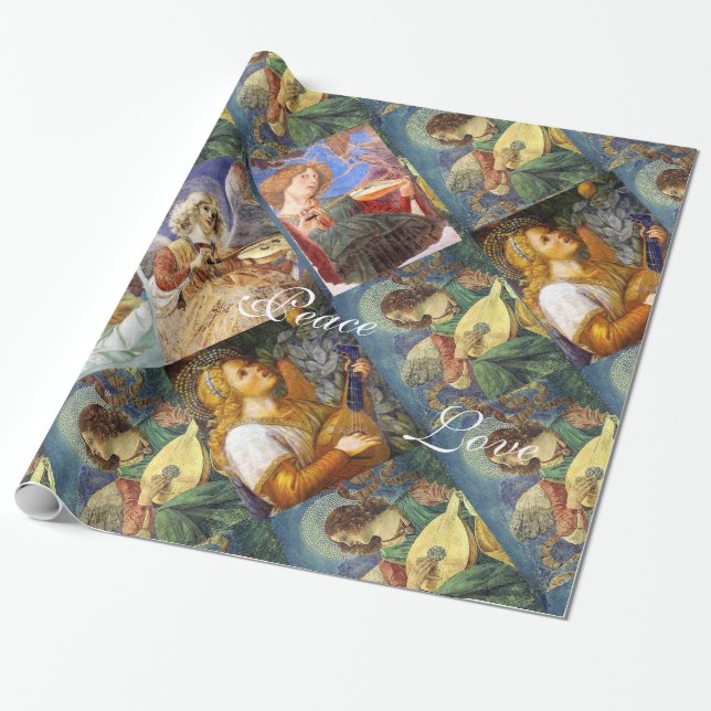 MUSIC MAKING CHRISTMAS ANGELS ,JOY PEACE LOVE WRAPPING PAPER (Unrolled)