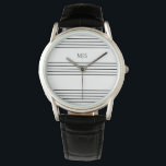 Music Manuscript Lines Stylish Stripes Black White Watch<br><div class="desc">The simple and striking design of this black and white striped watch is inspired by the stripe pattern of music manuscript paper. The music-themed watch makes an eye-catching accessory and an ideal gift for the stylish music lover.</div>