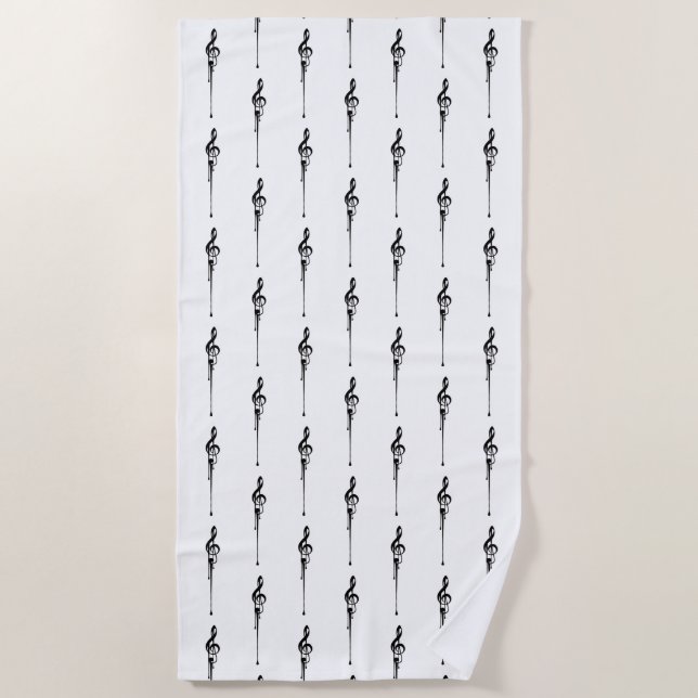 Music Motif Melting Treble Clef Black and White Beach Towel (Front)