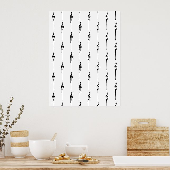 Music Motif Melting Treble Clef Black and White Poster (Kitchen)