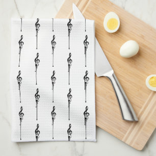 Music Motif Melting Treble Clef Black and White Tea Towel