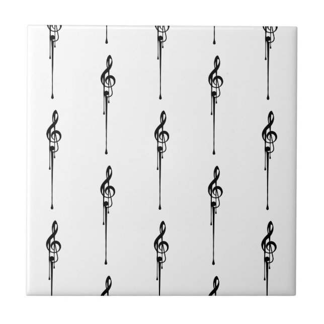 Music Motif Melting Treble Clef Black and White Tile (Front)
