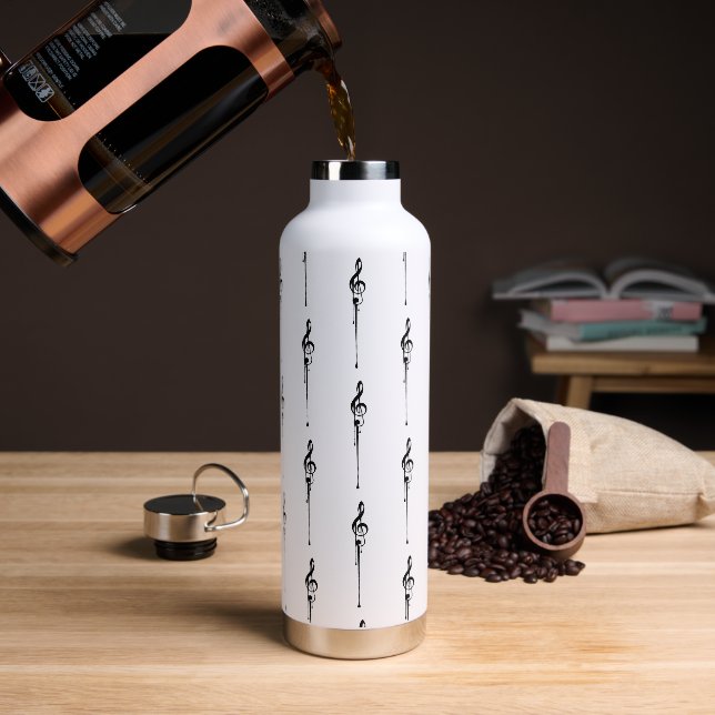 Music Motif Melting Treble Clef Black and White Water Bottle (Coffee)