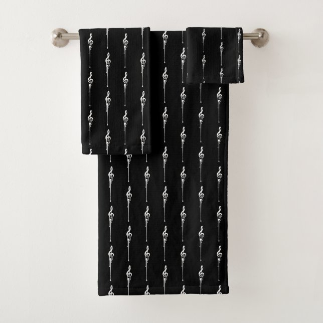 Music Motif Melting Treble Clef White and Black Bath Towel Set (Insitu)