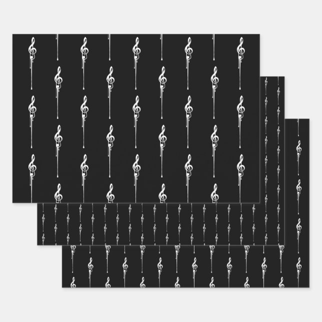 Music Motif Melting Treble Clef White and Black Wrapping Paper Sheet (Set)