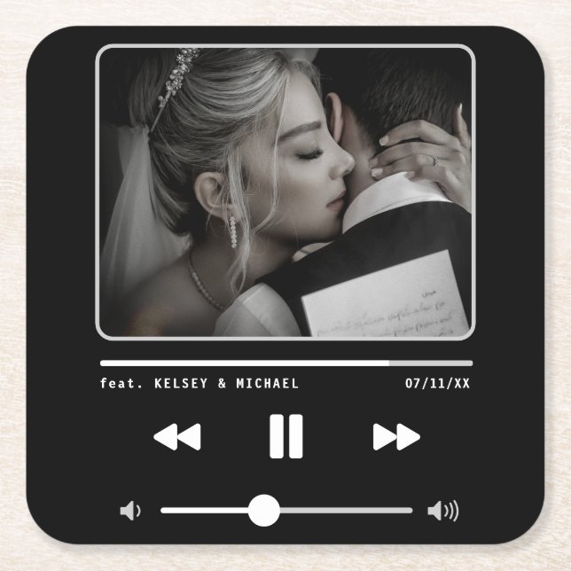 Music MP3 Player Wedding Black Square Paper Coaster (Front)
