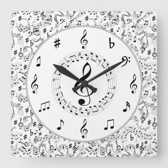 Music, Musical Notes Square Wall Clock (Front)